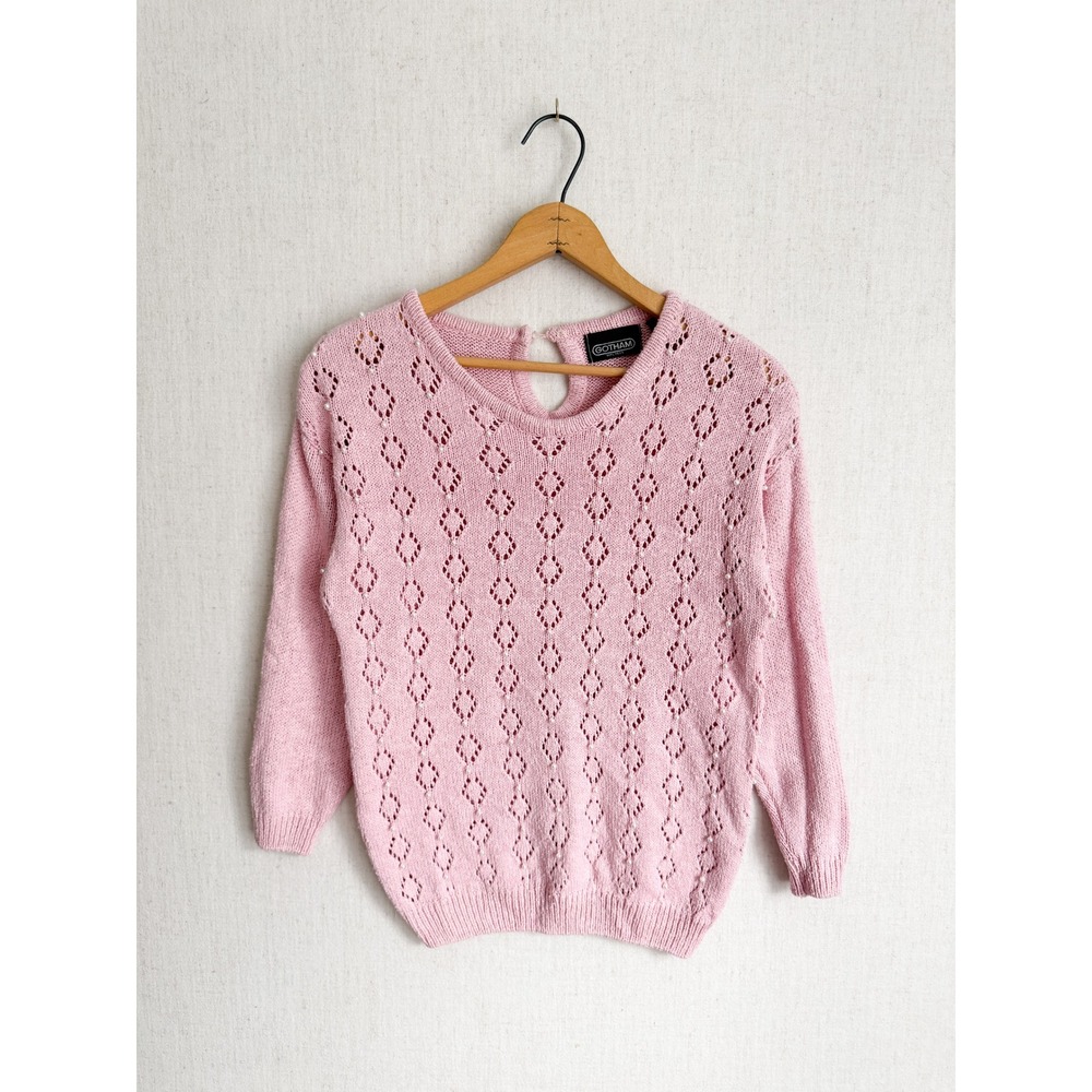 Gotham Sweater Vintage Silk Cotton Pearl Pointelle Knit Small Pink Keyhole Back